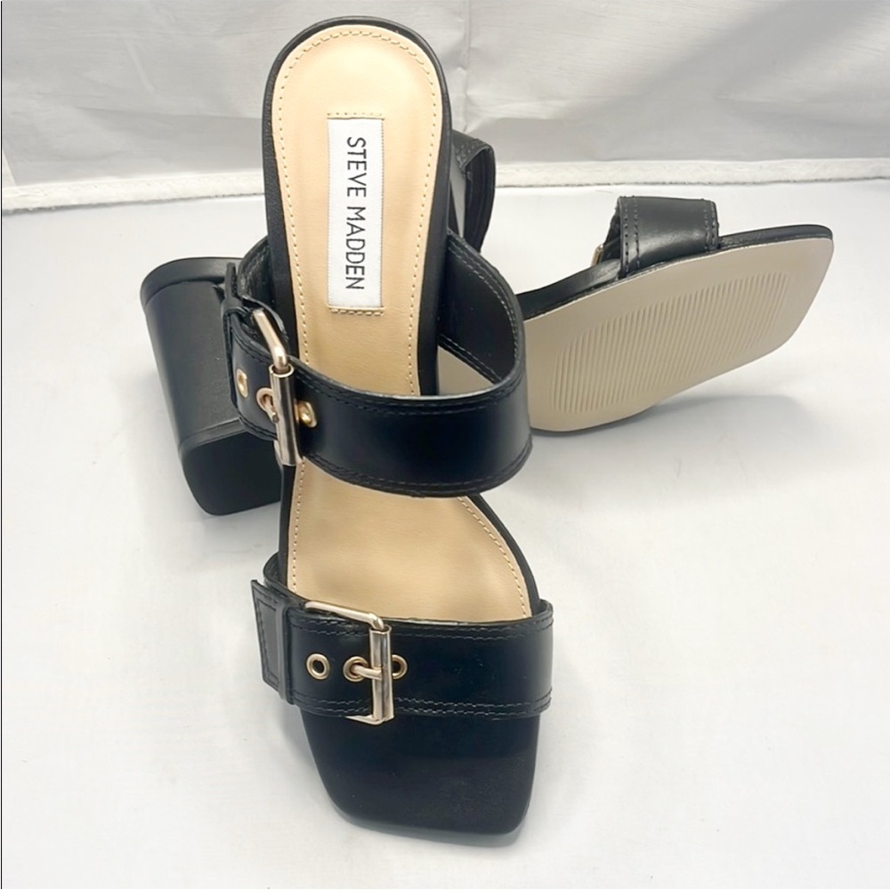 Steve Madden Black Leather Women's Sandals Heels 7.5 New in Box Loreli